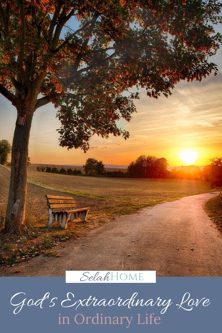 A Pinterest pin with a picture of the sun setting over a country road. Designed for this post about God's amazing and extraordinary love.