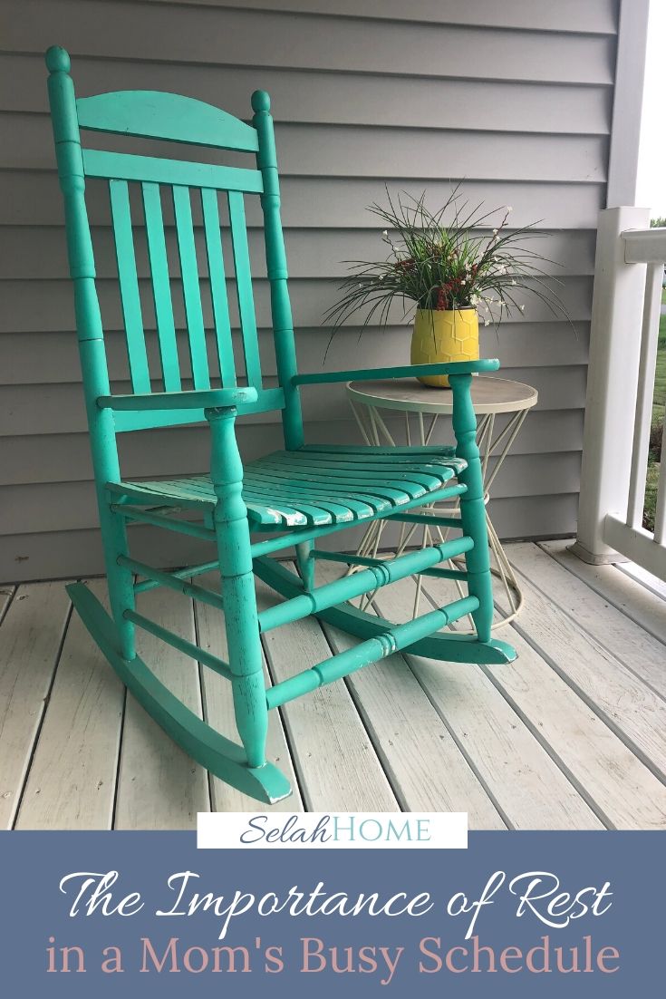 A Pinterest pin with a picture of a rocking chair on a front porch. Designed for this post about the importance of rest.