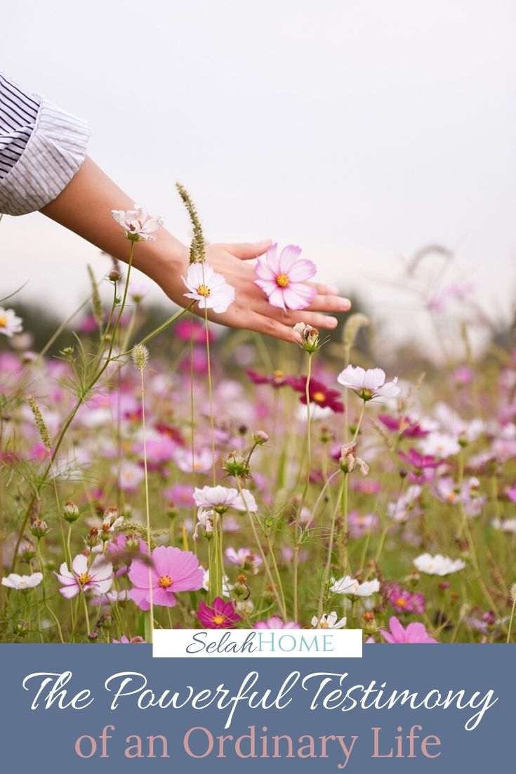 A Pinterest pin with a picture of a woman's hand reaching into a field of pink flowers. Designed for this post about a powerful testimony.