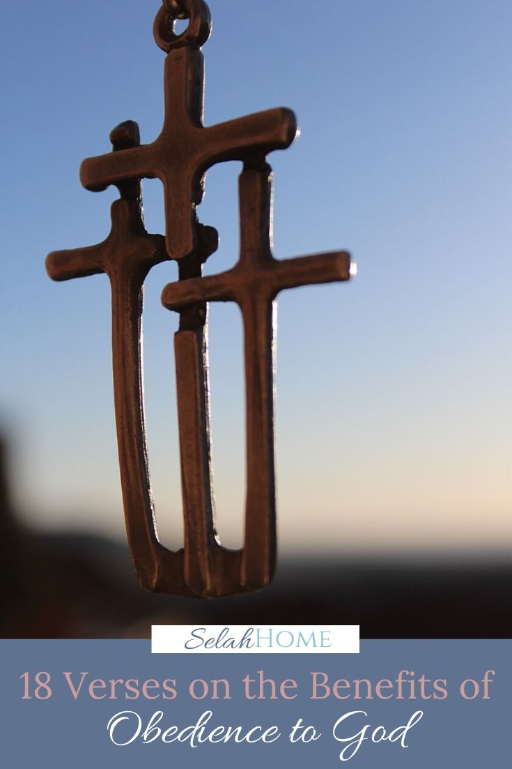 A Pinterest pin with a picture of three crosses on a necklace Designed for this post of verses about obedience to God.