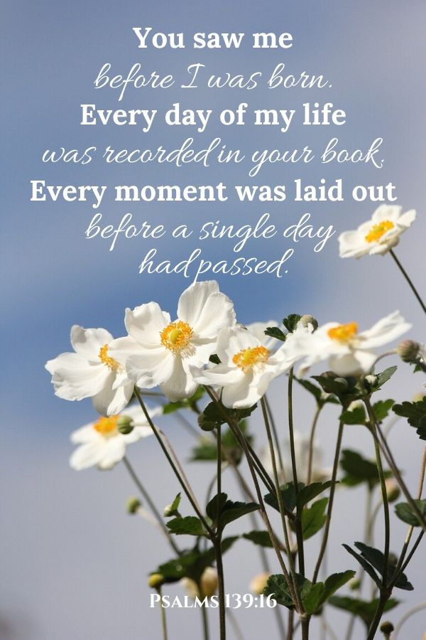 A picture of white flowers in front of a blue sky for this post of biblical reminders that you are unique. A verse written across the picture reads, "You saw me before I was born. Every day of my life was recorded in your book. Every moment was laid out before a single day had passed." Psalms 139:16