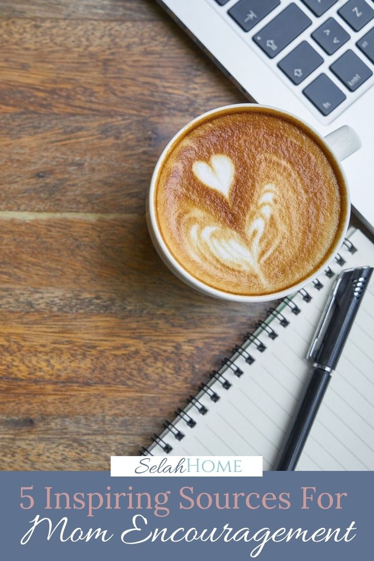 A Pinterest pin with a picture of a coffee cup, computer, and notebook. Designed for this post about five of the best blogs with encouragement for moms.