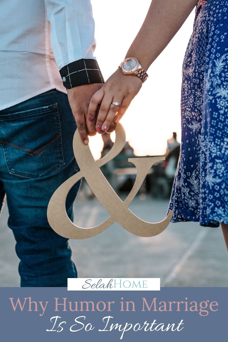 A Pinterest pin with a picture of a couple holding hands. Designed for this post about the importance of humor in marriage.