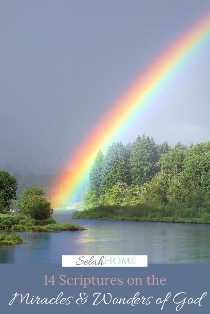 A Pinterest pin with a picture of a rainbow stretching across a lake. Designed for this post about the miracles and wonders of God.
