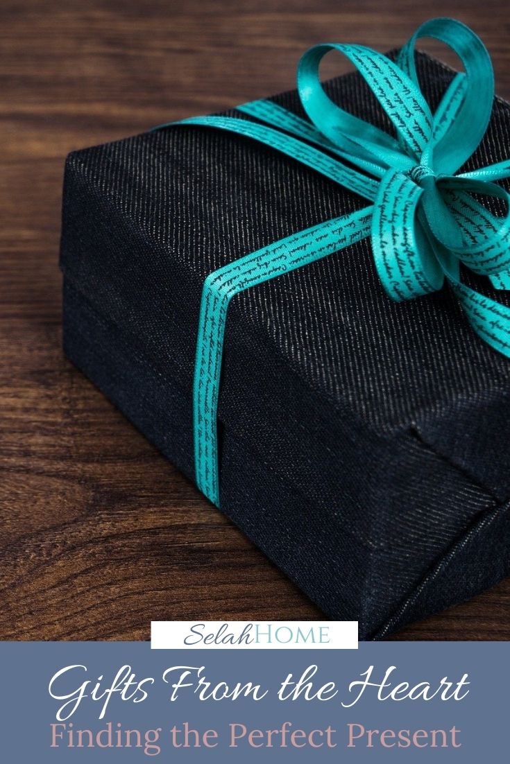 A Pinterest pin with a picture of a wrapped present. Designed for this post about gifts from the heart.