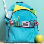 A Pinterest pin with a picture of a backpack stuffed with school supplies. Designed for this post about a practical school morning routine list for families.