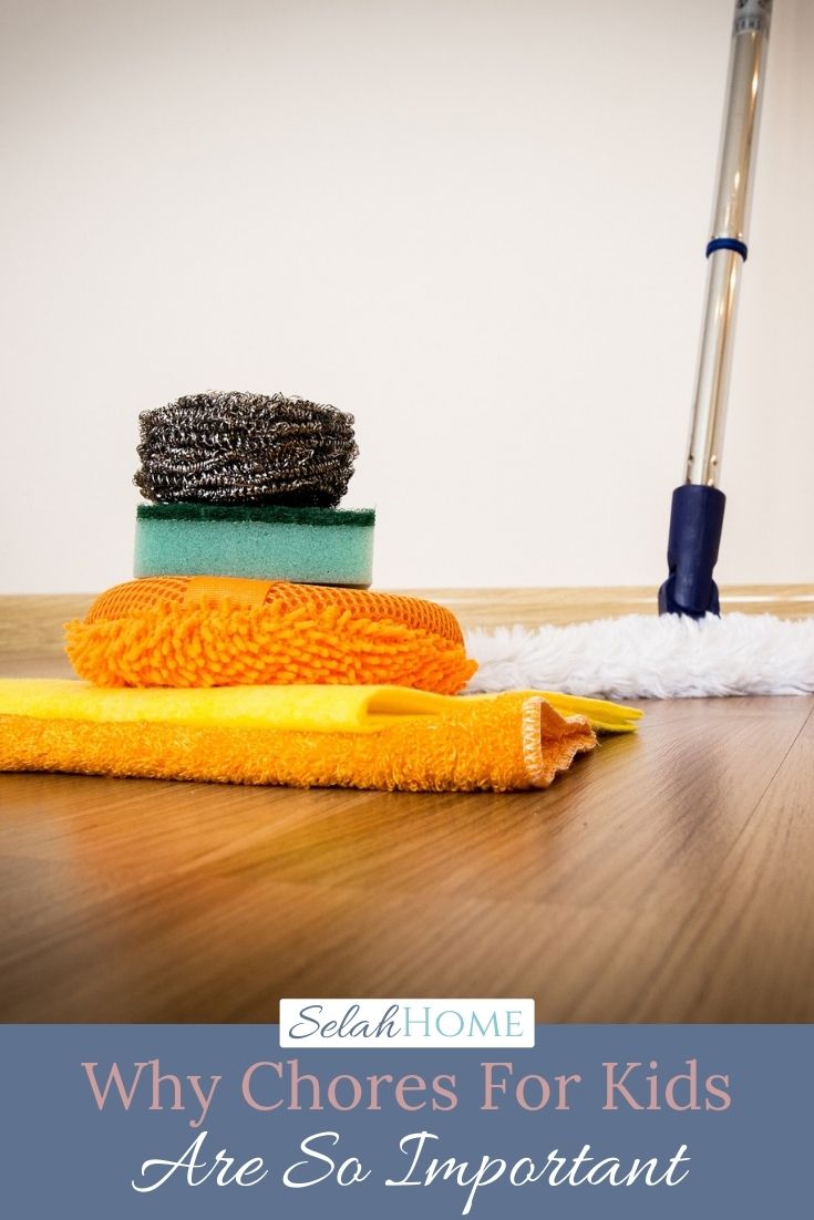 A Pinterest pin with a picture of cleaning supplies. Designed for this post on the benefits of doing household chores for kids.
