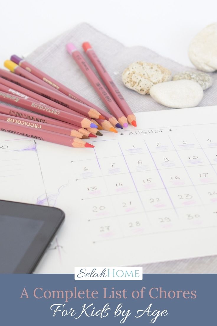 A Pinterest pin with a picture of a calendar, to-do list, and pencils . Designed for this post about a list of chores for kids.