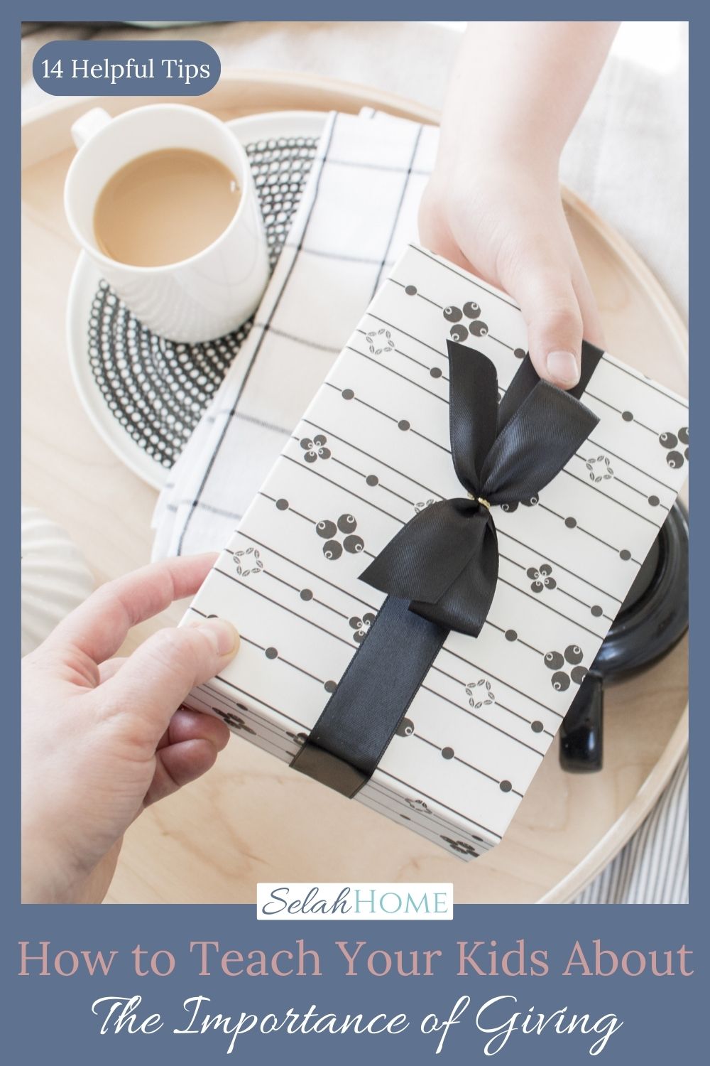 A Pinterest pin with a picture of one person giving a gift to another. Designed for this post about the importance of giving.