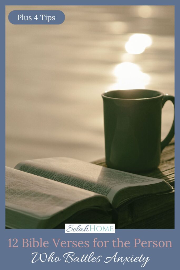 A Pinterest pin with a picture of an opened Bible and coffee cup sitting by the water. Designed for this post of bible verses for anxiety and fear.