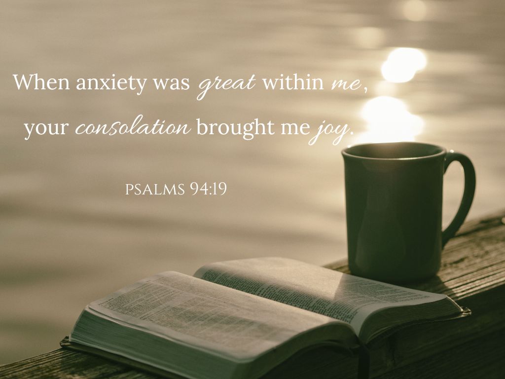 A picture of a Bible and coffee cup sitting by the water for this post of bible verses for anxiety and fear.