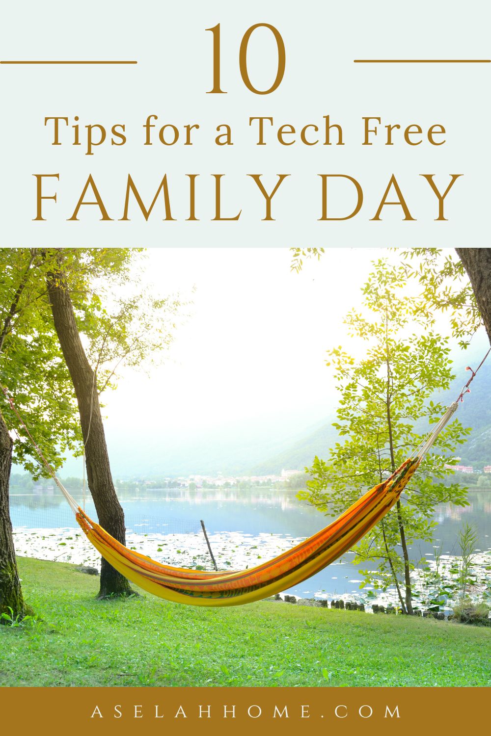 A Pinterest pin with a picture of a hammock by the water. Designed for this post about how to have a tech free day.