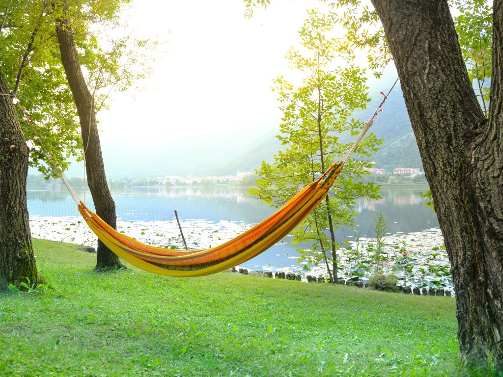 A picture of a hammock by the water for this post about how to have a tech free day.